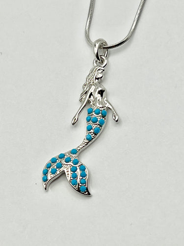Turquoise Mermaid Silver Crystal Charm Necklace with 16 inch Serpentine Chain