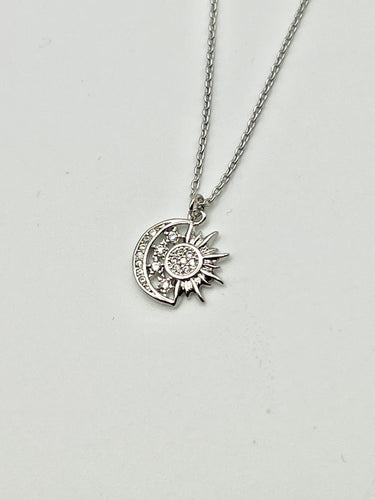 Sun Moon Stars Silver Crystal Charm Necklace with 16 inch Cable Chain