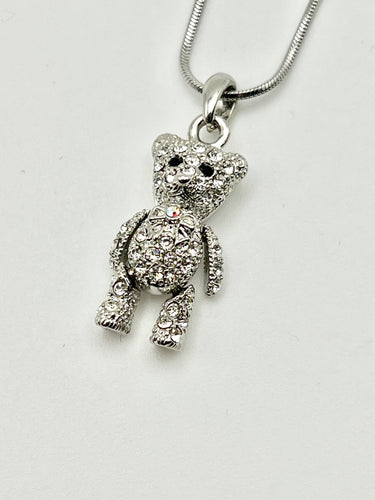Bear with Moving Arms/Legs Silver Crystal Charm Necklace with 16 inch Serpentine Chain