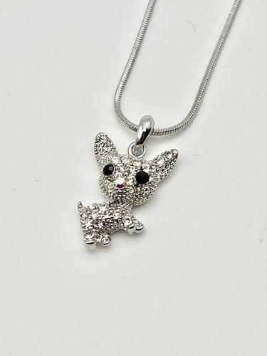Chihuahua Dog Silver Crystal Charm Necklace with 16 inch Serpentine Chain