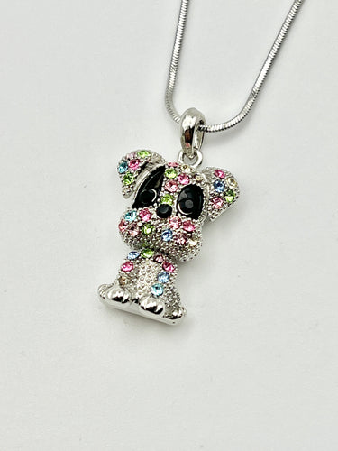 Dog with Moving Head Silver Crystal Charm Necklace with 16 inch Serpentine Chain