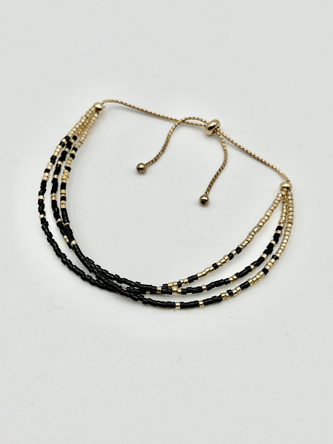 Black and Gold Seed Beads with 3 Strands Adjustable Bracelet