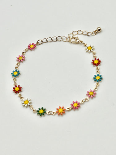 Multicolor Flower Enamel and Metal Beads Bracelet with Gold Link Chain