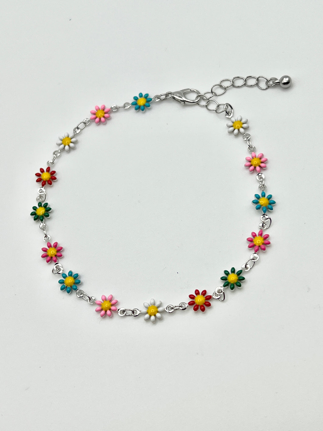 Multicolor Metal Flower Enamel Bead and Silver Chain Anklet