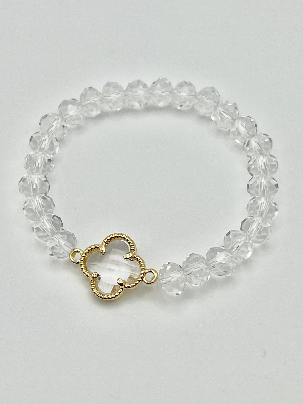 Clear Crystal Clover Faceted Beads Stretch Bracelet