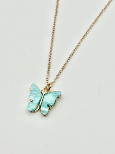 Aqua Butterfly Pendant Necklace with Gold Cable 16