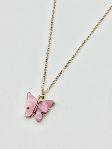 Pink Butterfly Pendant Necklace with Gold Cable 16