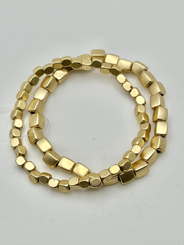 Matte Gold Square Bead Metal Stretch Bracelets set of 2 - 1 Large and 1 Small