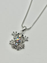 Green Jeweled Frog Silver Crystal Charm Necklace with 16 inch Serpentine Chain