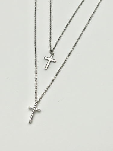 Double Strand Silver Cross Charm Necklace with 16 inch Cable Chain