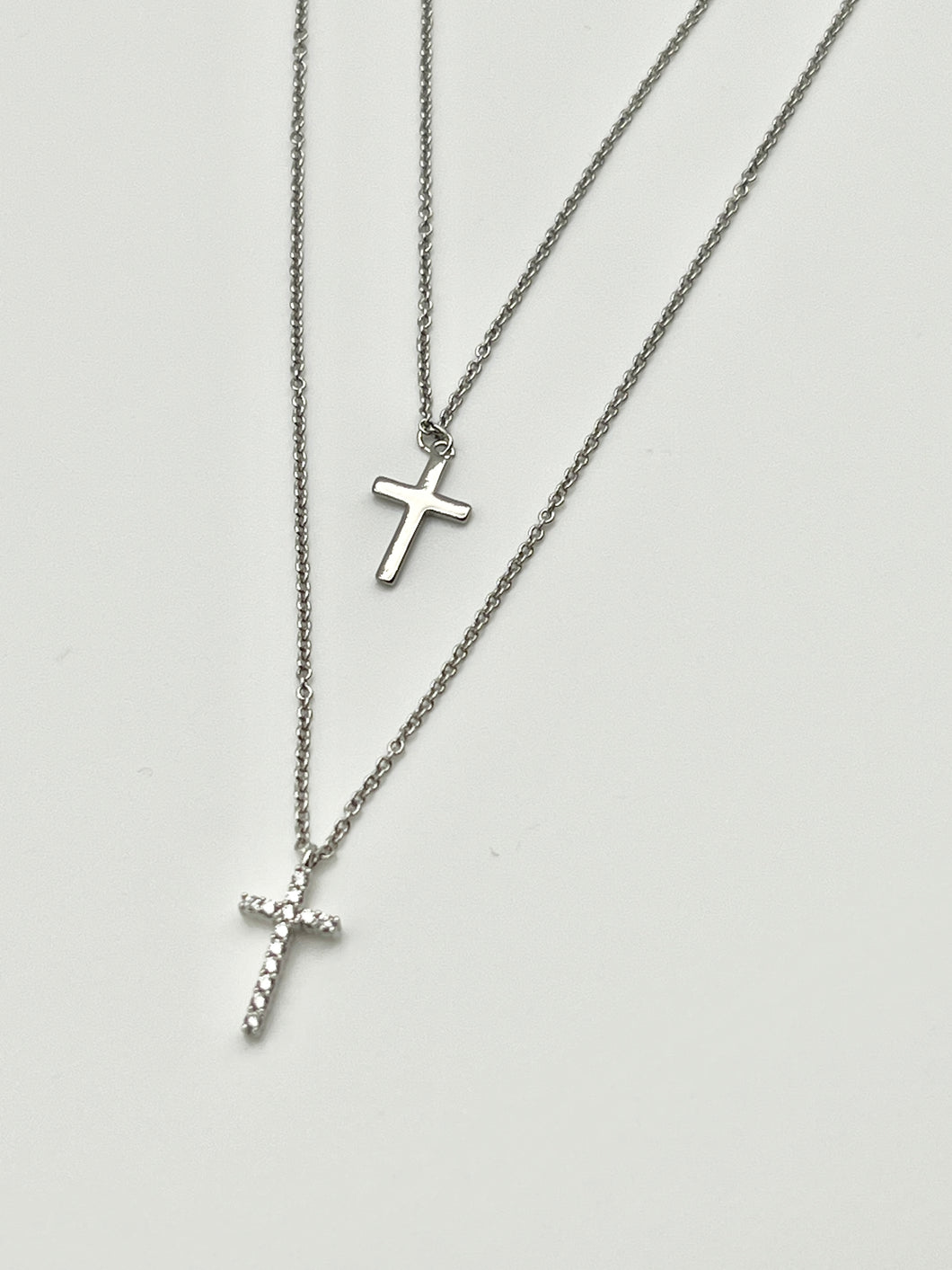 Double Strand Silver Cross Charm Necklace with 16 inch Cable Chain