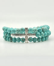 Triple Row Stone Bead Stretch Inspirational Bracelet with Cross - Multiple Colors