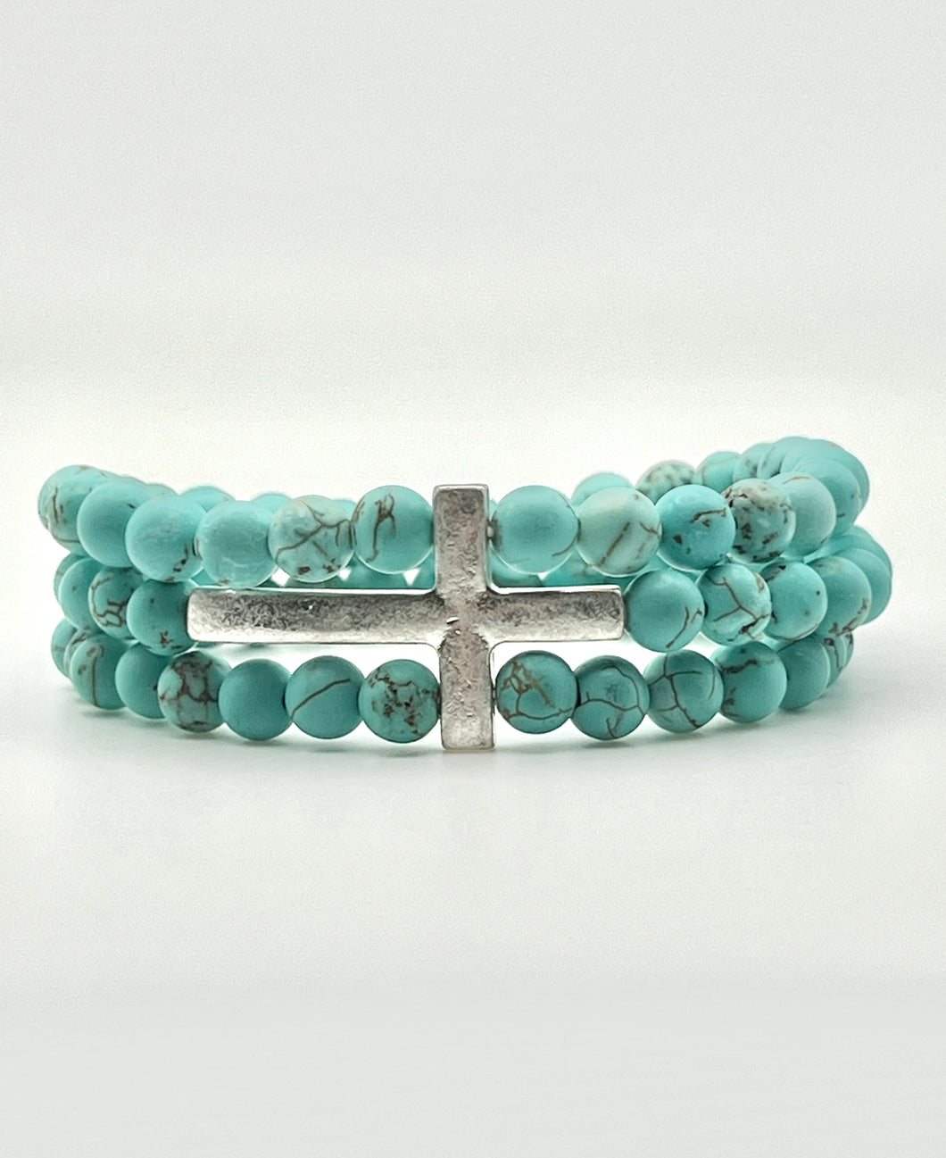 Triple Row Stone Bead Stretch Inspirational Bracelet with Cross - Multiple Colors