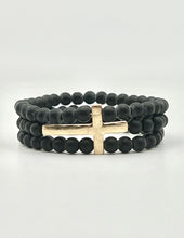 Triple Row Stone Bead Stretch Inspirational Bracelet with Cross - Multiple Colors