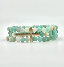 Triple Row Stone Bead Stretch Inspirational Bracelet with Cross - Multiple Colors