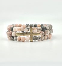 Triple Row Stone Bead Stretch Inspirational Bracelet with Cross - Multiple Colors