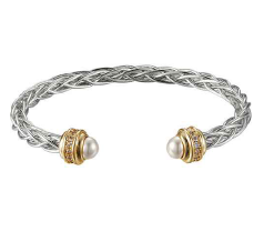 24/7 Wear Two Tone Woven Open Bangle with Pearl CZ End Caps