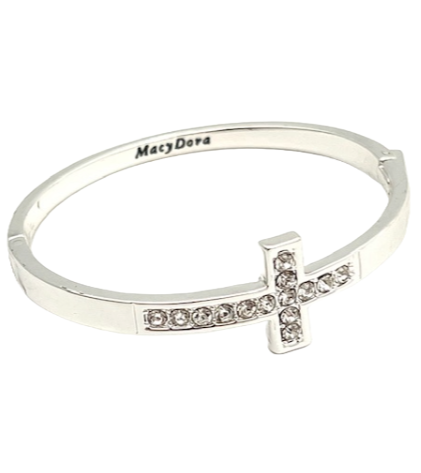 24/7 Wear Silver Cross Stainless Steel Bangle with Crystals and Clasp