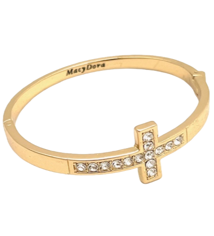 24/7 Wear Gold Cross Bangle with Crystals and Clasp