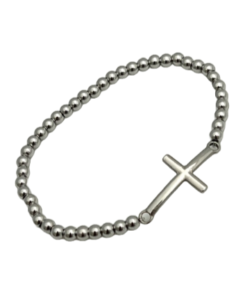 24/7 Wear Silver Stainless Steel Stretch Ball Chain Bracelet with Cross