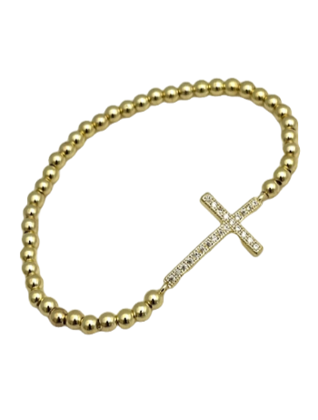 24/7 Wear Gold Stainless Steel Stretch Ball Chain Bracelet with Crystal Cross