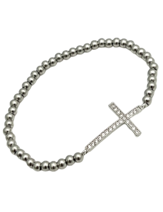 24/7 Wear Silver Stainless Steel Stretch Ball Chain Bracelet with Crystal Cross