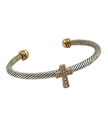 24/7 Wear Two Tone Cable Cuff with Crystal Cross