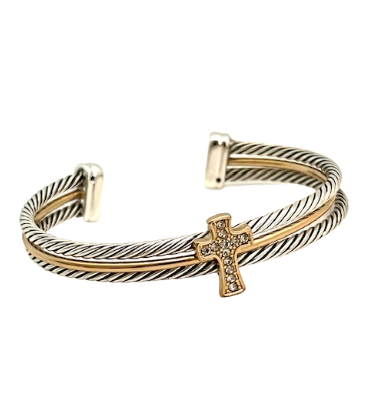 24/7 Wear Two Tone Double Cable Cuff with Crystal Cross