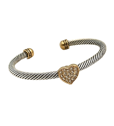 24/7 Wear Two Tone Cable Cuff with Crystal Heart