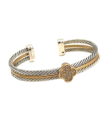 24/7 Wear Two Tone Double Cable Cuff with Crystal Clover