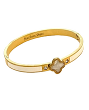 24/7 Wear Stainless Steel Gold or Silver Clover Bangle with Crystals and Clasp - 6 Colors