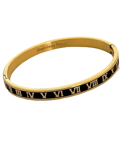 24/7 Wear Gold and Black Stainless Steel Roman Numeral Bangle with Clasp