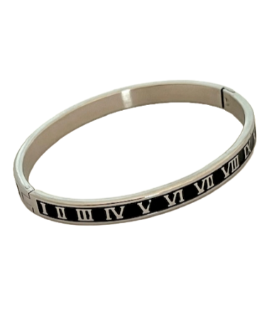 24/7 Wear Silver and Black Stainless Steel Roman Numeral Bangle with Clasp