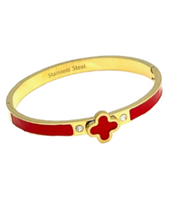 24/7 Wear Stainless Steel Gold or Silver Clover Bangle with Crystals and Clasp - 6 Colors