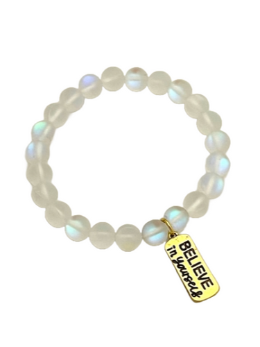 White Aurora Borealis Bracelet with Gold Tag 'BELIEVE in yourself'