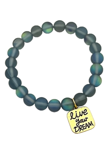 Gray/Blue Aurora Borealis Bracelet with Gold Tag 'Live Your Dream'