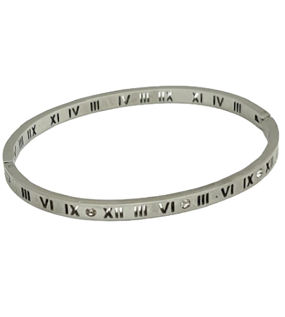 24/7 Wear Silver and Crystal Stainless Steel Roman Numeral Bangle with Clasp