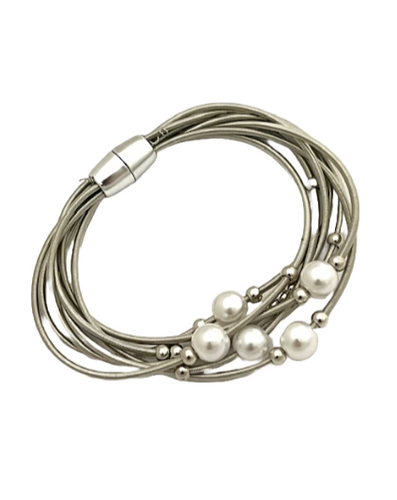 Silver Magnetic Bracelet with Multi-strand Piano Wire and Pearls