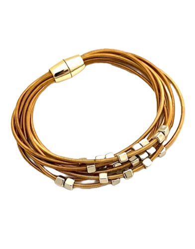 Gold Magnetic Bracelet with Multi-strand Piano Wire and Metal Beads