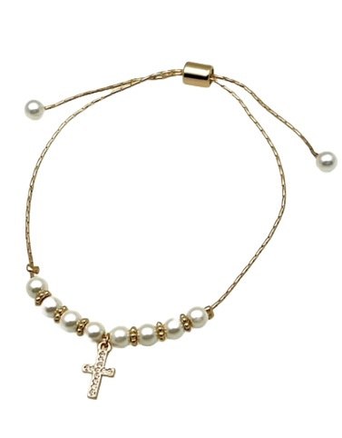 Pearl and Gold Adjustable Bracelet with Cross Charm