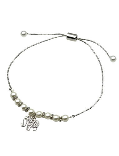 Pearl and Silver Adjustable Bracelet with Elephant Charm