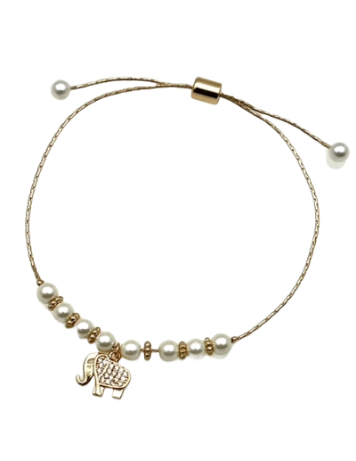 Pearl and Gold Adjustable Bracelet with Elephant Charm