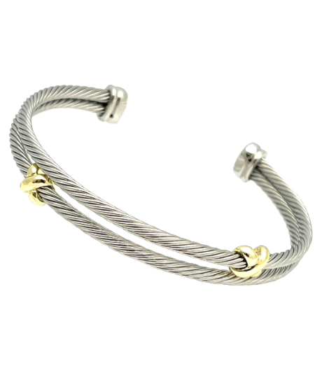 24/7 Wear Two Tone Double Cable cuff bracelet with Gold Xs