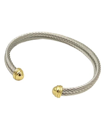 24/7 Wear Two Tone Double Cable cuff bracelet with Gold end caps