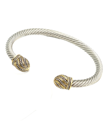 24/7 Wear Two Tone Cable cuff bracelet with Rounded Swirl End Caps