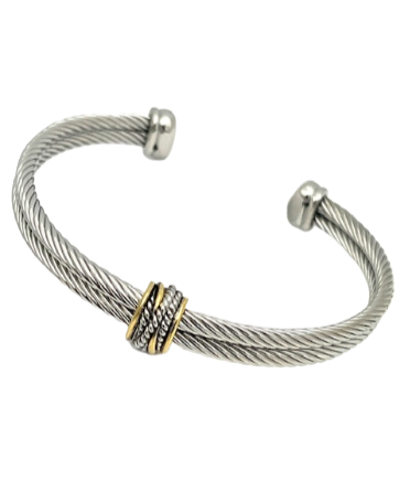 24/7 Wear Two Tone Double Cable cuff bracelet with Center Wrap and end caps