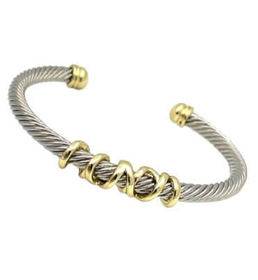 24/7 Wear Two Tone Cable cuff bracelet with Rope Wrap and end caps