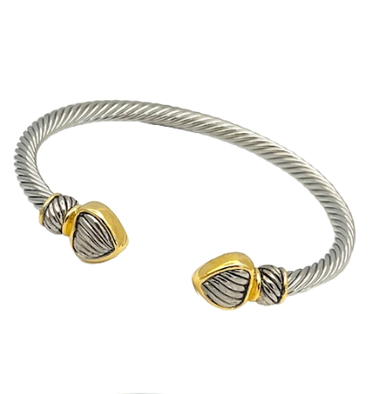 24/7 Wear Two Tone Cable cuff bracelet with Heart End Caps