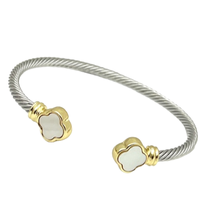 24/7 Wear Two Tone Cable bracelet with Mother of Pearl Clover end caps