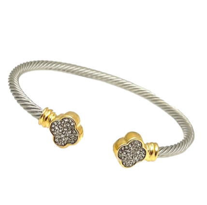 24/7 Wear Two Tone Cable bracelet with Crystal Clover end caps